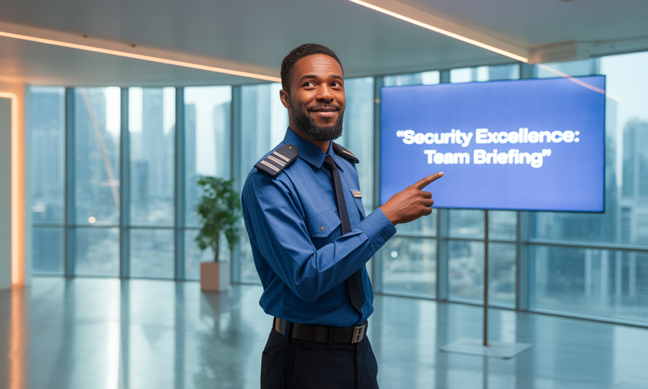 Security supervisor pointing during team briefing